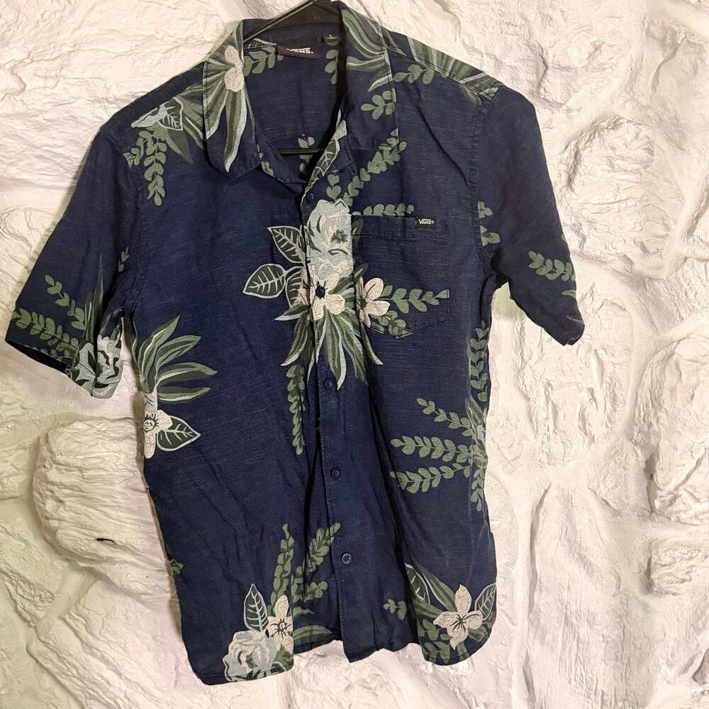 Vans Off The Wall Navy Floral Tropical Short Sleeve Button-Up Shirt Boys Sz L